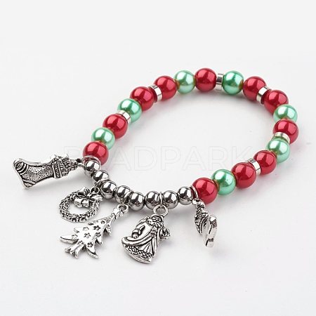 Christmas Glass Beads Stretch Charm Bracelets X-BJEW-JB03085-1
