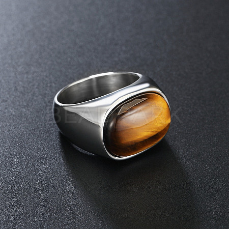 304 Stainless Steel with Natural Tiger Eye Finger Rings for Men FS-WG155DB-05-1