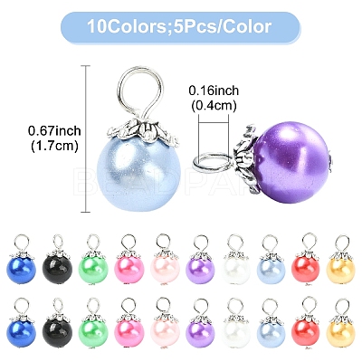 50Pcs 10 Colors Glass Pearl Round Bead Pendants PALLOY-YW00151-1