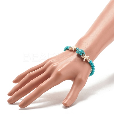Synthetic Turquoise(Dyed) Starfish & Turtle Stretch Bracelet BJEW-JB07702-02-1