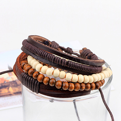 Adjustable Braided Leather Cord Wooden Beaded Multi-strand Bracelets BJEW-P0001-15-1