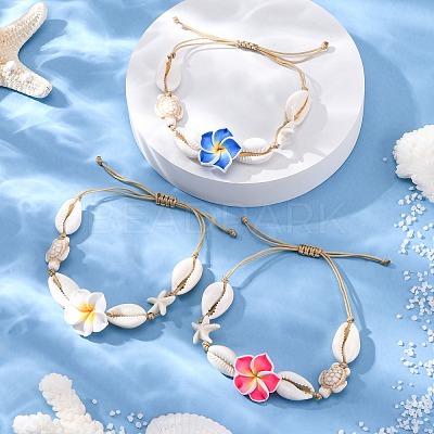 Natural Mixed Cowrie Shell Beads & Synthetical Turquoise Beads Braided Bead Bracelets BJEW-TA00641-1