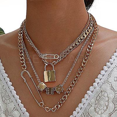 Alloy Lock Pendant Safety Pin Dice Chain Multi-Layered Necklaces FS-WG7F0DA-08-1