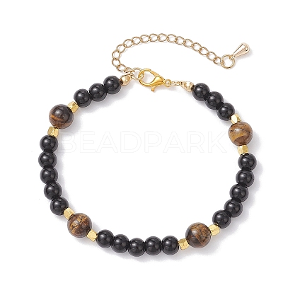 3Pcs Round Natural Tiger Eye & Citrine & Synthetic Blue Goldstone & Glass Pearl Beaded Bracelets for Women BJEW-JB12239-1