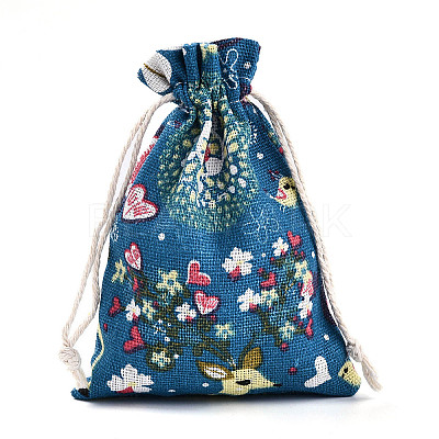 Flower Deer Printed Polycotton(Polyester Cotton) Packing Pouches Drawstring Bags ABAG-T004-10x14-37-1