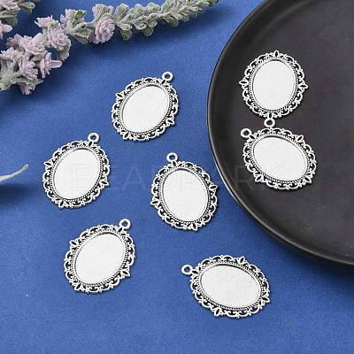 Tibetan Style Antique Silver Alloy Flat Oval Pendant Cabochon Settings TIBEP-M022-20AS-1
