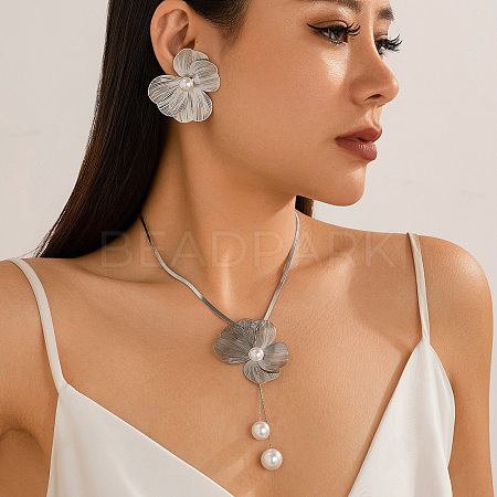 Flower Alloy & Plastic Pearl Pendant Necklace & Stud Earring Sets FS-WG43B4A-08-1