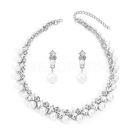 Rhombus Alloy & Plastic Pearl & Crystal Rhinestone Pendant Necklace & Stud Dangle Earring FS-WGAC24E-02-1