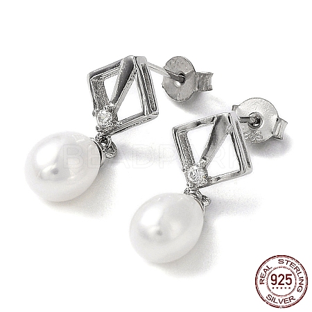 Cubic Zirconia Rhombus with Natural Pearl Dangle Stud Earrings EJEW-F318-19P-1
