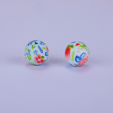 Printed Round with Flower Pattern Silicone Focal Beads SI-JX0056A-113-1