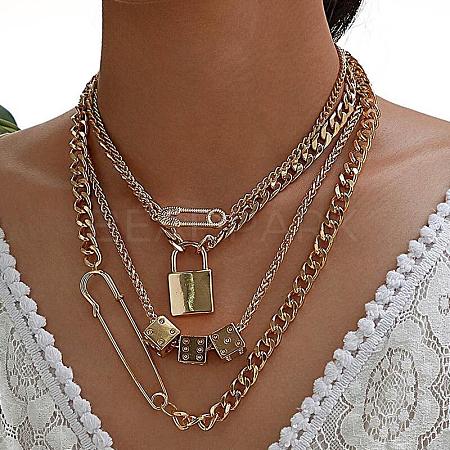 Alloy Lock Pendant Safety Pin Dice Chain Multi-Layered Necklaces FS-WG7F0DA-08-1