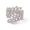 304 Stainless Steel Hollow Out Leaf Open Cuff Ring for Women RJEW-C045-16P-2
