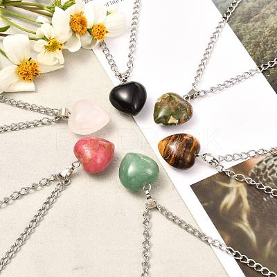Heart Natural & Synthetic Mixed Gemstone Pendant Necklaces NJEW-JN03647-1