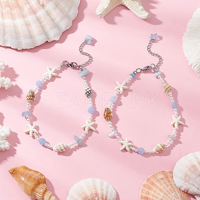 Summer Natural Dyed Aquamarine & Round White Jade & Natural Sea Shell & Shell Pearl & Synthetic Turquoise Starfish Beaded Anklets AJEW-AN00693-1