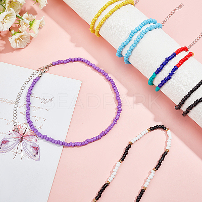 15Pcs 15 Styles Round Glass Seed Beads Choker Necklaces NJEW-AR0001-01-1
