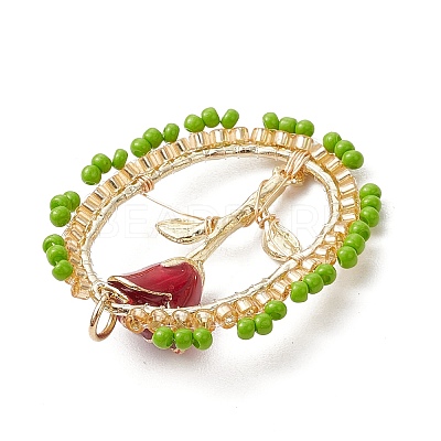 3Pcs Glass Seed Beaded Oval with Rose Pendants PALLOY-MZ00579-1