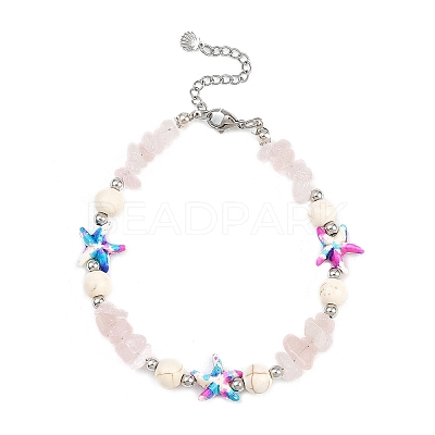 Dyed Synthetic Turquoise Starfish & Natural Rose Quartz Chip Beaded Anklets with 304 Stainless Steel End Chains AJEW-AN00733-01-1