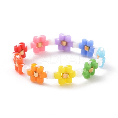 Glass Beaded Flower Wrap Stretch Finger Ring for Women RJEW-MZ00002-01-1
