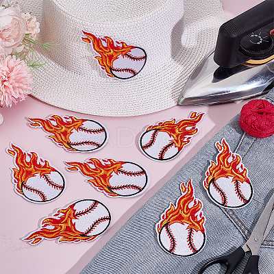 8Pcs Baseball with Fire Polyester Computerized Embroidery Cloth Iron on/Sew on Patches PATC-HY0002-01-1