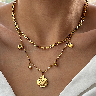 304 Stainless Steel Disc Heart Pendant Double Layer Necklaces for Women WG4F0FA-01-1