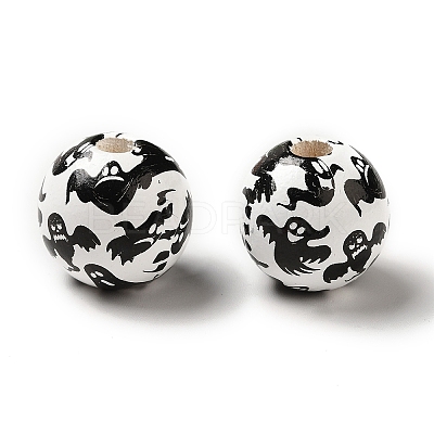 Printed Round Wood European Beads WOOD-M006-01-1