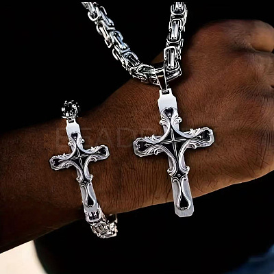 Gothic Style Cross 304 Stainless Steel Pendant Necklaces & Link Bracelets Sets FS-WG287BB-03-1