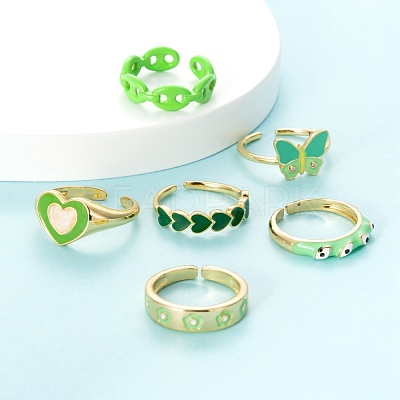 6Pcs 6 Style Spray Painted Brass & Brass Enamel & Micro Pave Cubic Zirconia Cuff Rings RJEW-LS0001-38-1