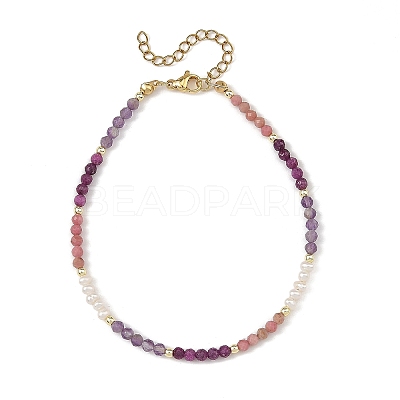 Gradient Faceted Round Natural Mixed Stone & Potato Natural Pearl Beaded Anklets AJEW-AN00873-02-1