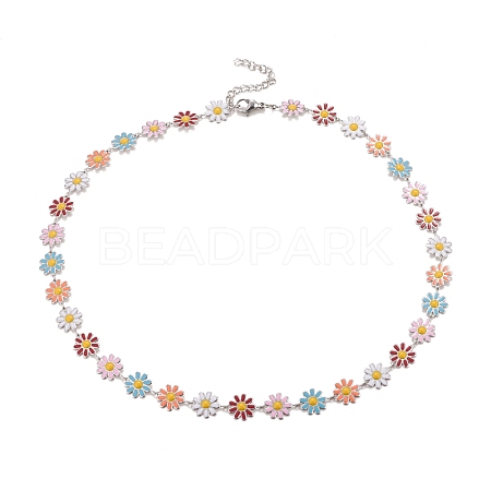 Enamel Daisy Link Chain Necklace NJEW-P220-01P-03-1
