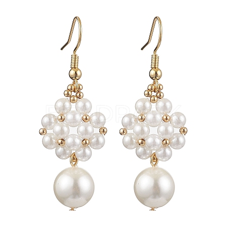 Shell Pearl with Brass Dangle Earrings for Women EJEW-TA00557-1