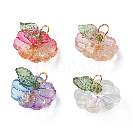 Transparent Glass Flower with Acrylic Leaf Pendants PALLOY-JF02260-1