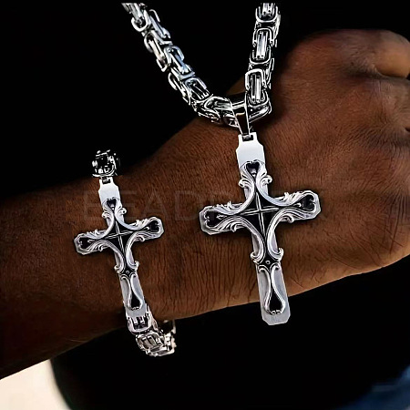 Gothic Style Cross 304 Stainless Steel Pendant Necklaces & Link Bracelets Sets FS-WG287BB-03-1