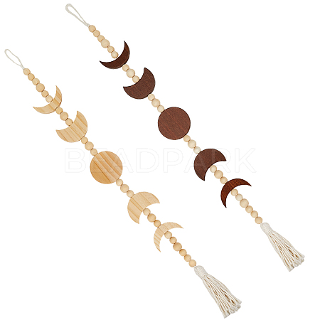 2Pcs 2 Colors Moon Phases Wood Beaded Pendant Decoration HJEW-CP0001-16-1