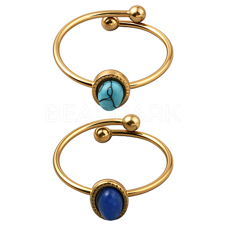 2Pcs 2 Colors Stainless Steel with Synthesis Gemstone Adjustable Cuff Rings RJEW-GO0001-27B-1