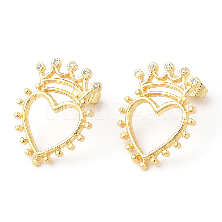 Clear Cubic Zirconia Hollow Heart with Crown Stud Earrings EJEW-R149-06G-1