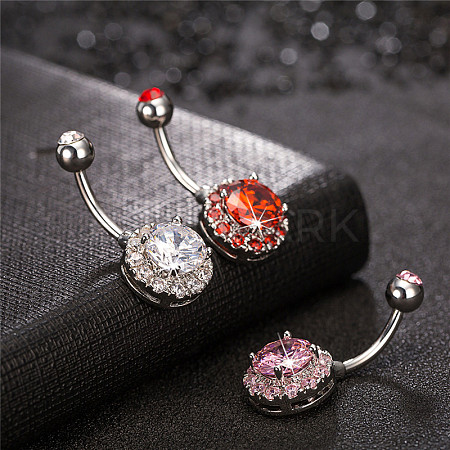 316L Surgical Stainless Steel Cubic Zirconia Flat Round Curved Barbell Belly Rings WGB2BE5-04-1