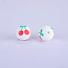 Printed Round with Cherry Pattern Silicone Focal Beads SI-JX0056A-153-1