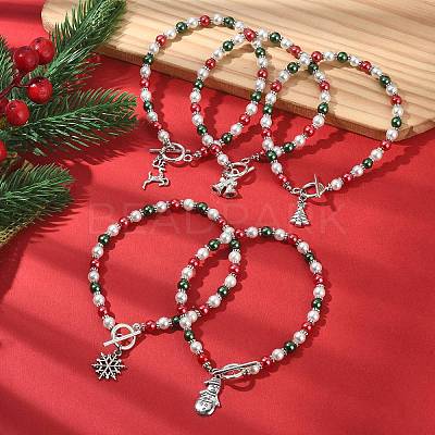 Colorful Glass Pearl Round Beaded Stretch Bracelet BJEW-JB09783-1