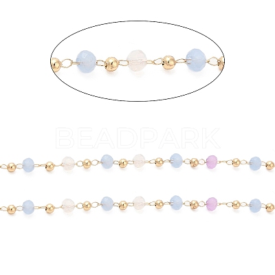 Faceted Rondelle Glass & Round 304 Stainless Steel Beaded Chains CHS-G026-01KCG-03-1
