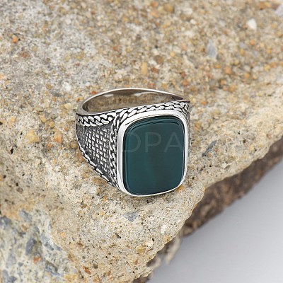 304 Stainless Steel with Natural Green Onyx Agate Finger Rings FS-WG67565-15-1