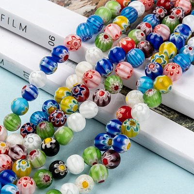 Millefiori Glass Round-Single Flower Bead Strands LK14-1