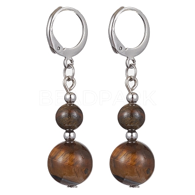 Round Natural Tiger Eye Dangle Earrings EJEW-JE05536-04-1