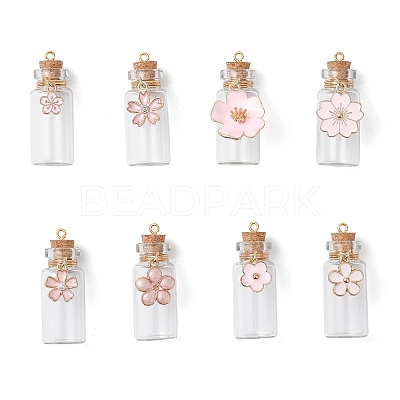8Pcs Flower Glass Wish Bottle Pendants PALLOY-JF04568-1