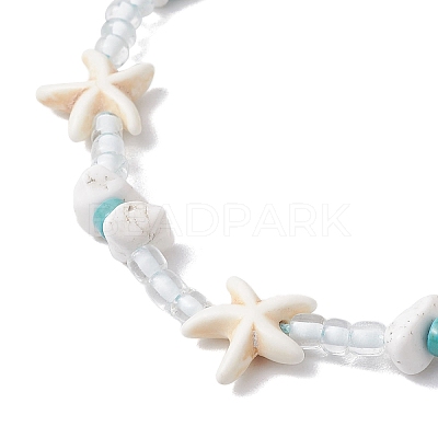 Starfish Synthetic Turquoise & Magnesite & Glass Seed Braided Beaded Adjustable Anklets AJEW-AN00651-1