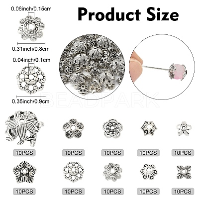 100Pcs 10 Styles Tibetan Style Bead Caps TIBE-YW0001-88-1