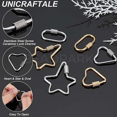 6Pcs 6 Styles 304 Stainless Steel Screw Carabiner Lock Charms STAS-UN0040-79-1