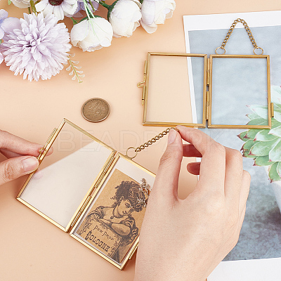 Rectangle Mini Brass Wall Hanging Photo Frame for Pressed Flower with Chain ODIS-WH0061-05AG-1