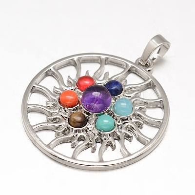 Chakra Jewelry Brass Gemstone Flat Round Pendants X-KK-J298-13-NR-1