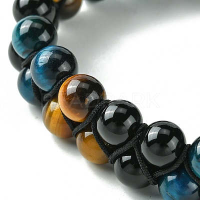 Natural Tiger Eye & Black Onyx Round Braided Bead Bracelet BJEW-TA00441-1
