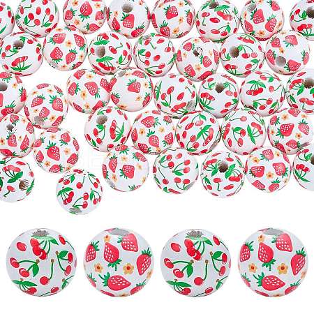 50Pcs 2 Styles Fruit Printed Wood European Beads WOOD-SZ0001-30-1